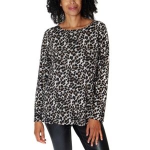 Mario Serrani Crew Neck Long Sleeve Tunic Top Brown Leopard Print Small